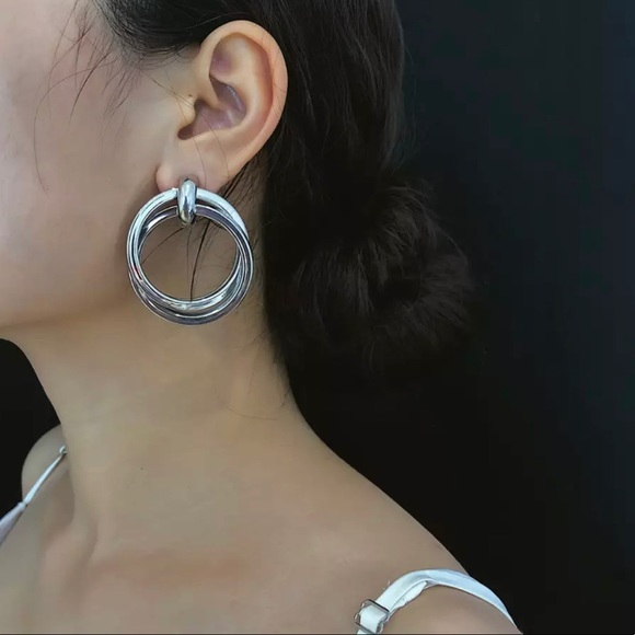 Silver Double Circle Drop Earrings - Picture 2 of 6